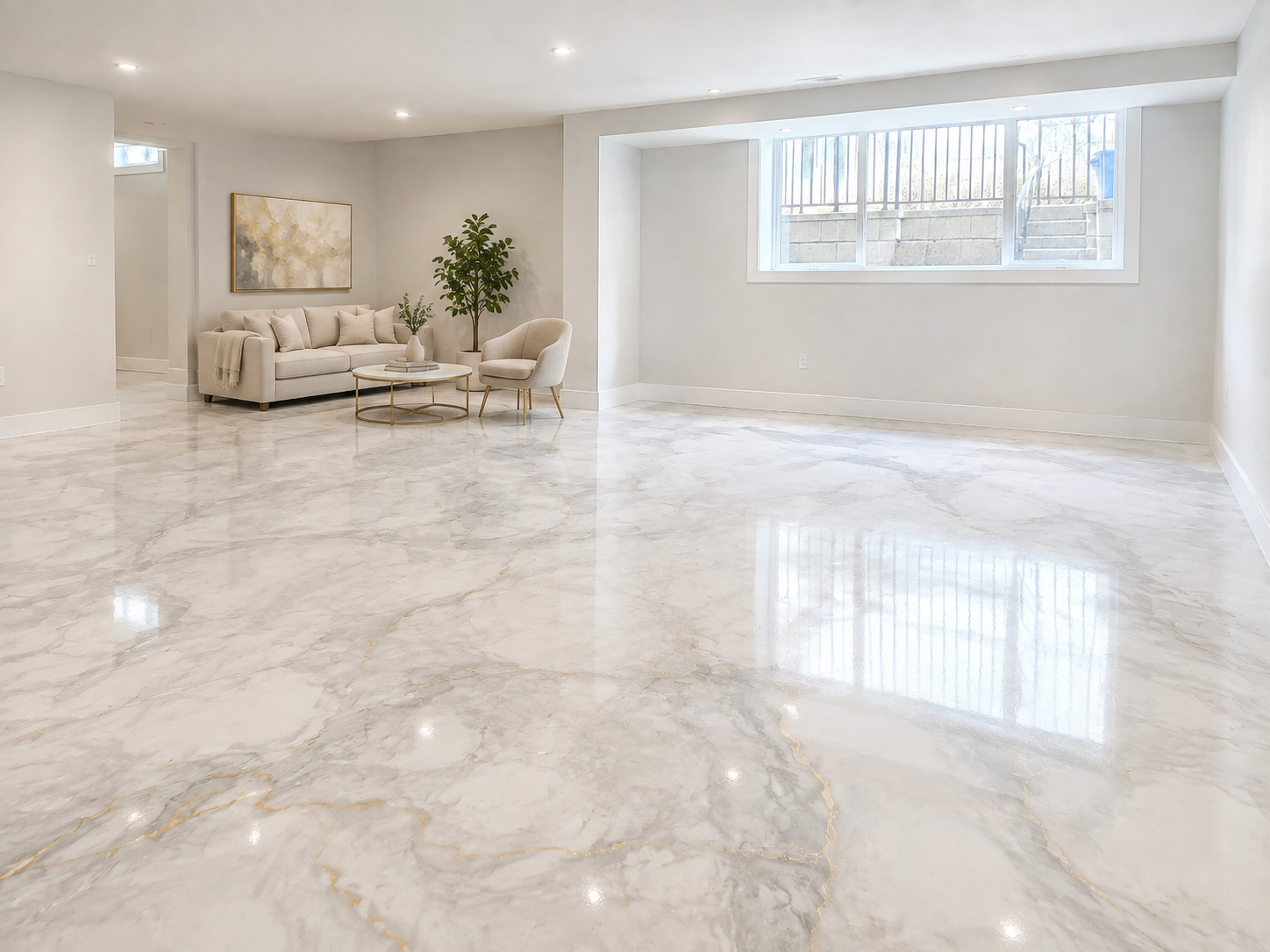 Finished marble-look epoxy basement floor