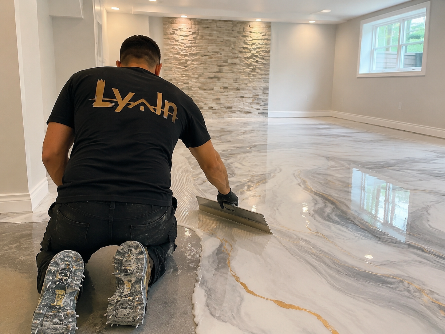 Lyvin contractor spreading marble-look epoxy in a basement