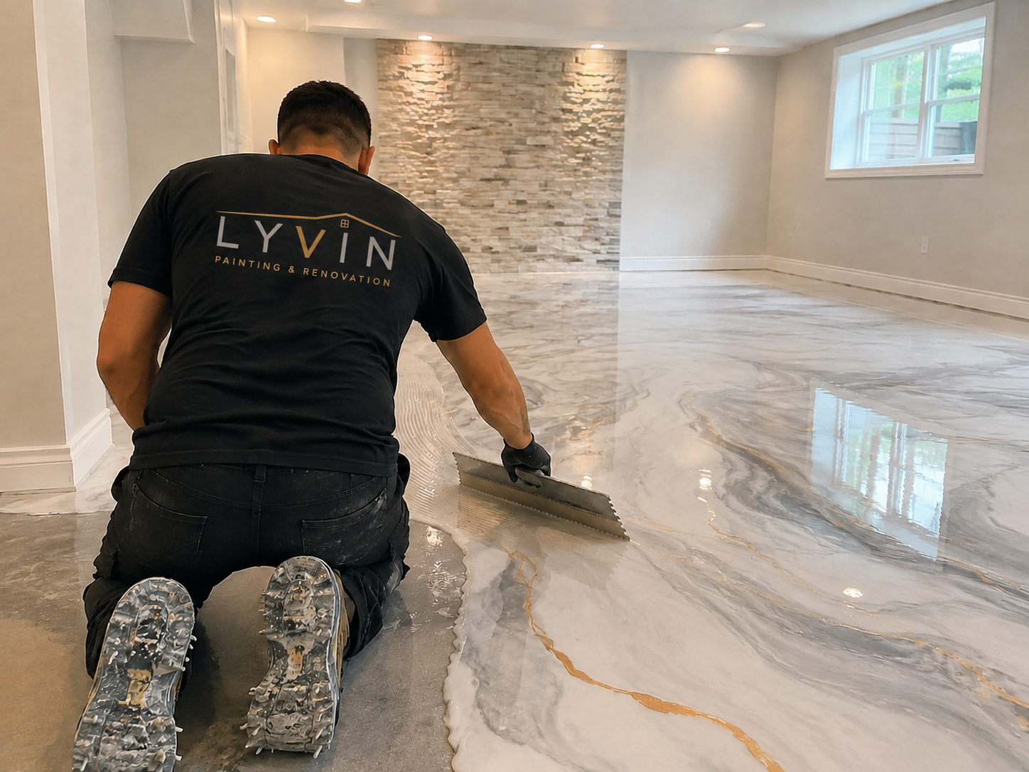 Lyvin contractor spreading marble-look epoxy in a basement