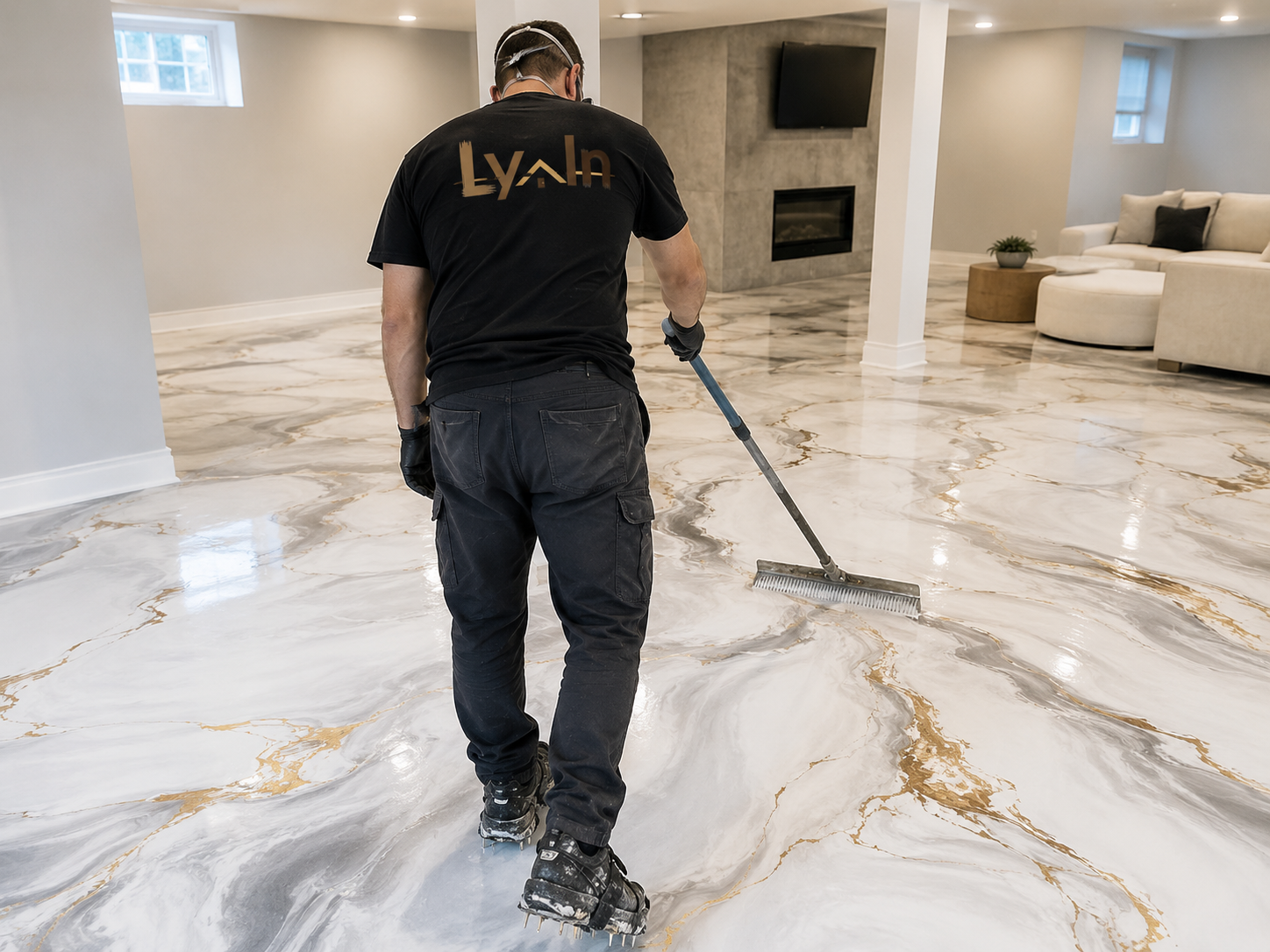 Lyvin contractor applying marble-look epoxy flooring