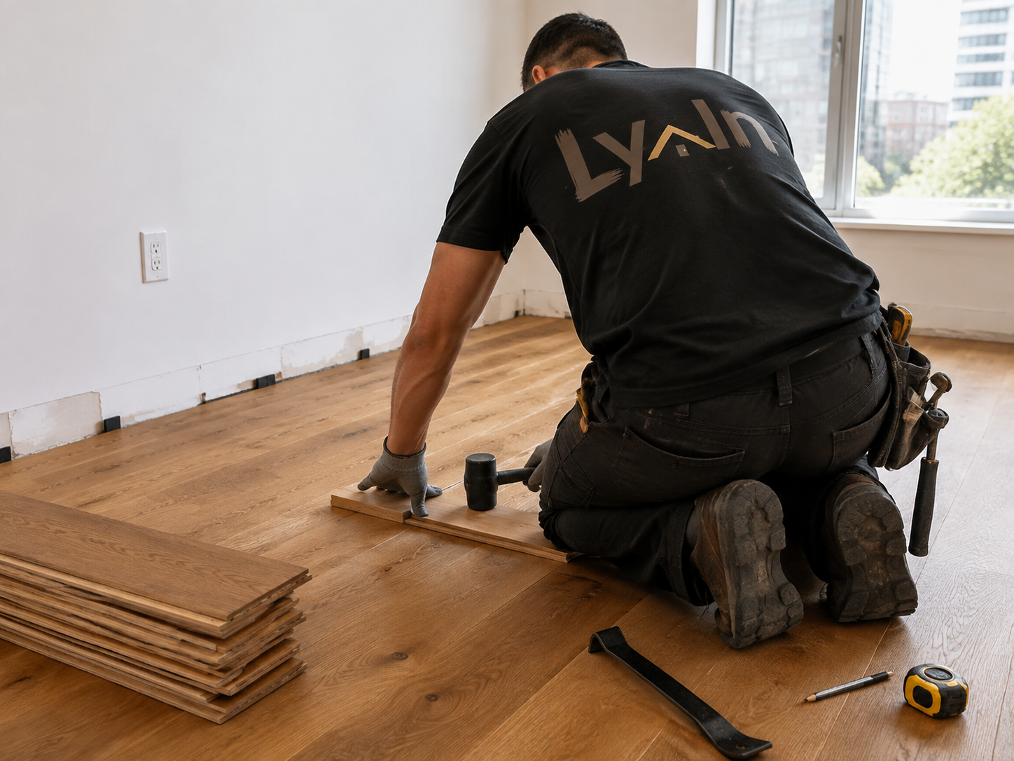 Lyvin contractor installing hardwood flooring