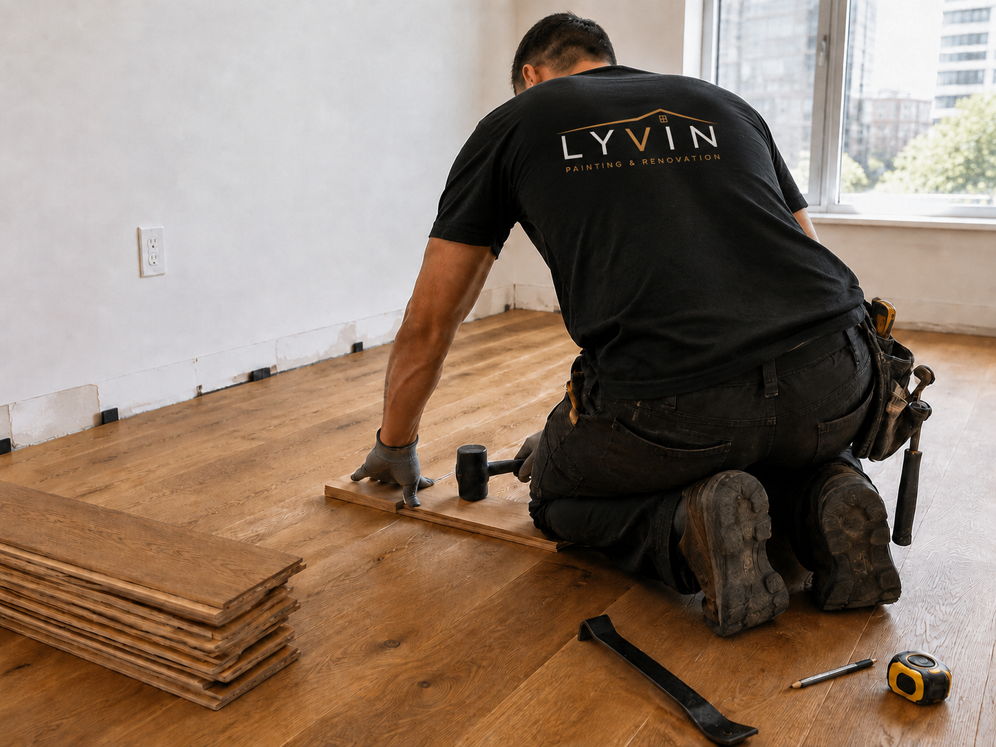 Lyvin contractor installing hardwood flooring