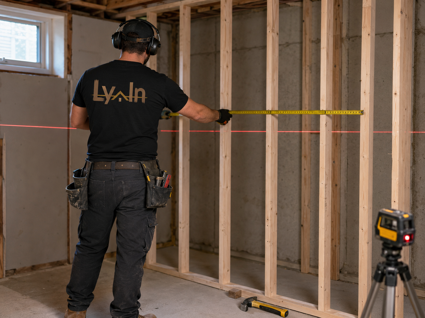 Lyvin contractor measuring a new interior wall