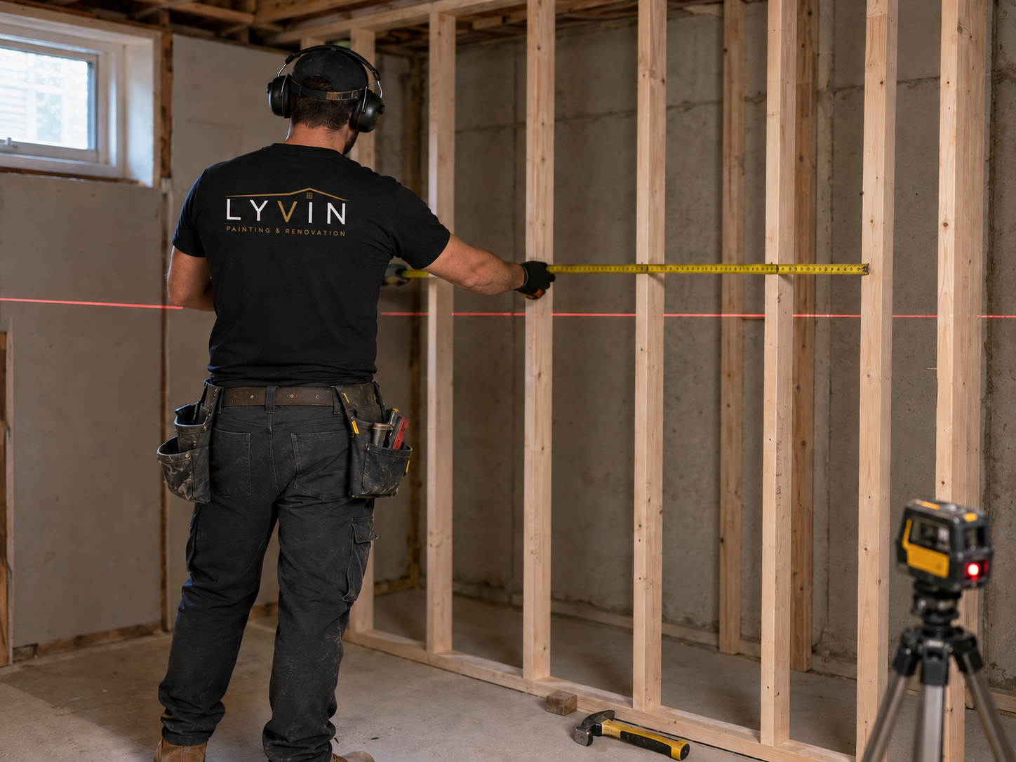 Lyvin contractor measuring a new interior wall